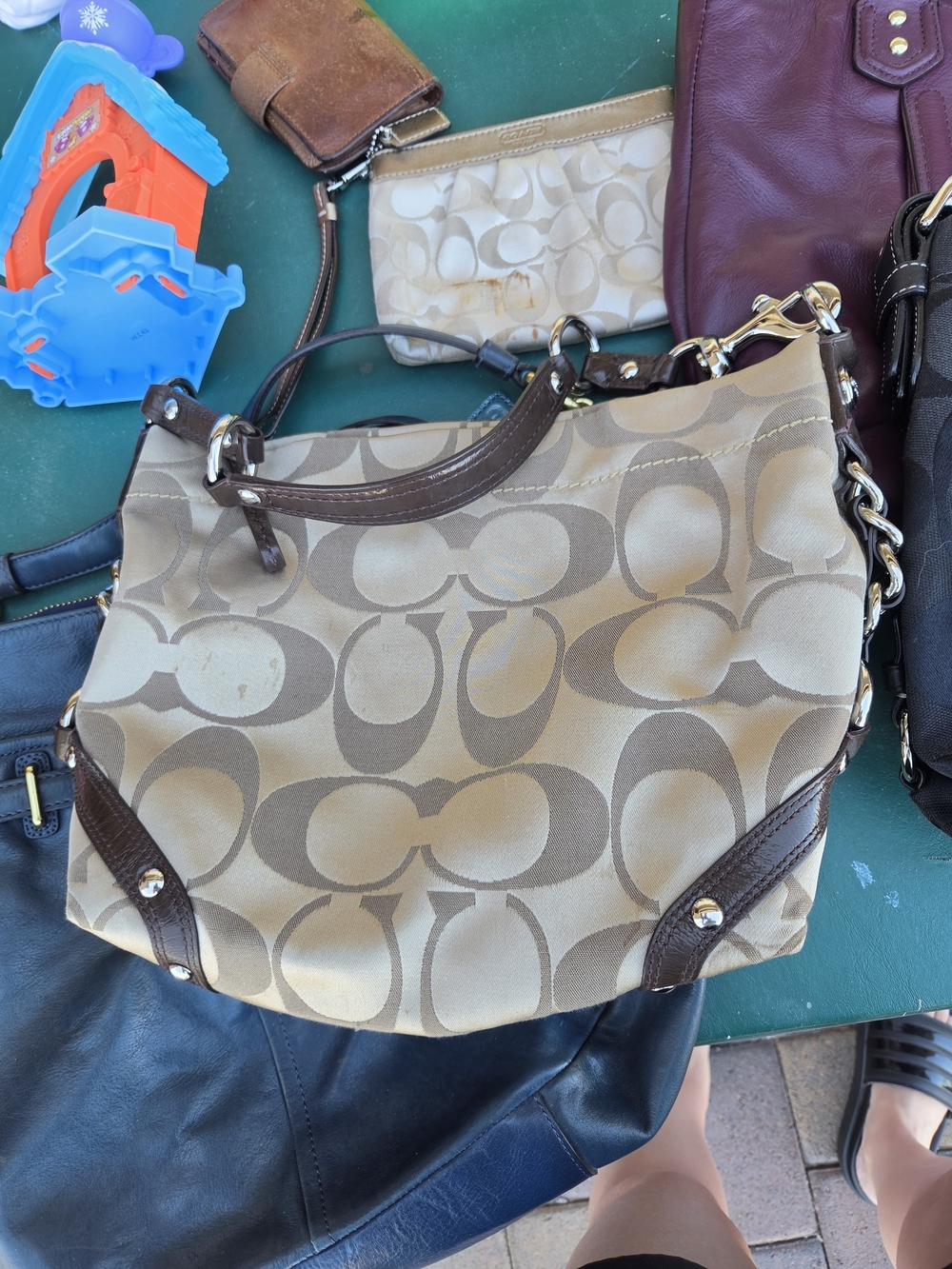 Coach Beige Signature Canvas Shoulder Bag with Brown Leather Trim